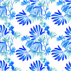 Blue Watercolor Tropical Leaves on white background Seamless Pattern