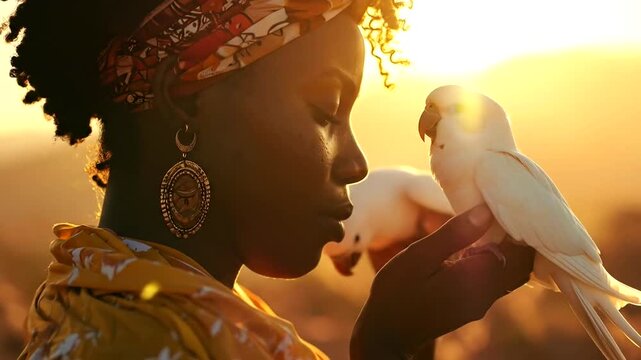 Woman gently holds a white parrot during a golden sunset.