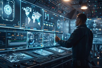 Engineer monitoring global data in futuristic control room