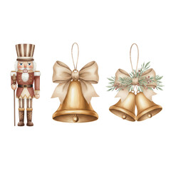 Festive nutcracker figure flanked by elegantly adorned golden christmas bells isolated transparent
