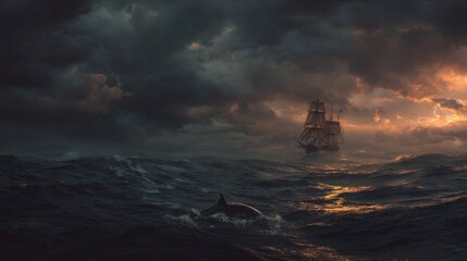 stormy sea at dusk, torn sail on an old sailing ship, dark clouds and lightning in the distance, dolphin wounded by a propeller under turbulent