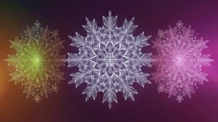 Three detailed translucent snowflakes with intricate patterns glowing softly against a dark gradient background with hues of green, white, and pink, evoking a calm and delicate winter ambiance