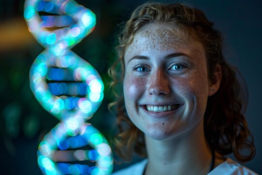 Young woman smiling with glowing dna helix