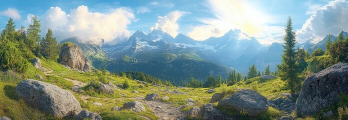 Bright sunny mountain landscape with green grassy meadow, scattered large rocks, pine trees, and distant snow-capped peaks under a blue sky with fluffy clouds