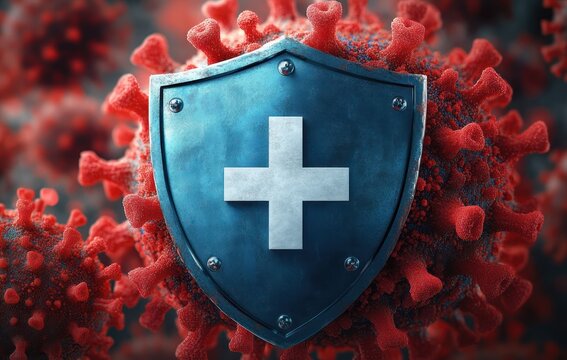 Blue metallic shield with a white medical cross positioned in front of a close-up red virus particle symbolizing protection and defense against infection
