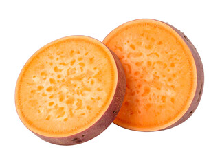Fresh sweet potato cut open reveals vibrant orange flesh, healthy root vegetable, isolated on white background, ideal for cooking and nutrition concepts.