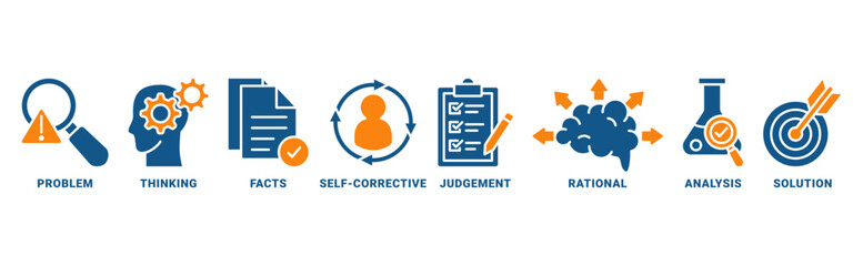 Critical thinking icon set vector concept with icon of problem, thinking, facts, self-corrective, judgment, rational, analysis, solution 