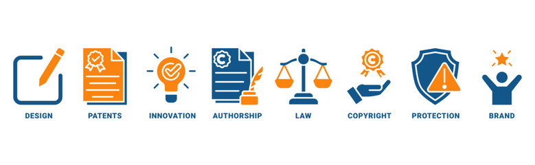 Intellectual Property icon set vector concept with icon of design, patents, invention, authorship, law, copyright, protection, brand  © HRF07