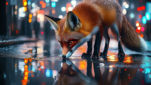 A red fox drinking water from a reflective puddle on a wet urban street at night surrounded by colorful blurred city lights