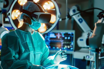 Surgeon operating using virtual reality headset in surgery room