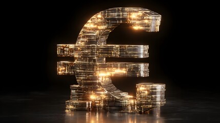 Glowing euro currency symbol made of futuristic circuit board elements.