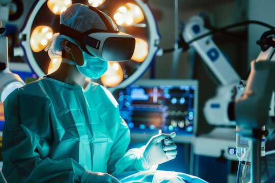 Surgeon operating using virtual reality headset in surgery room