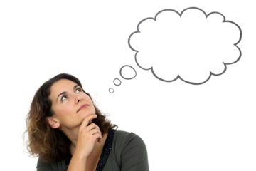  Contemplative Vision: An intelligent woman, deep in thought, gazes upward with a dreamy expression as a thought bubble floats above, inviting viewers to explore the vast expanse of imagination.