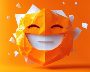 Bright orange geometric smiling sun with a polygonal texture and scattered white shards on an orange background, expressing happiness and warmth