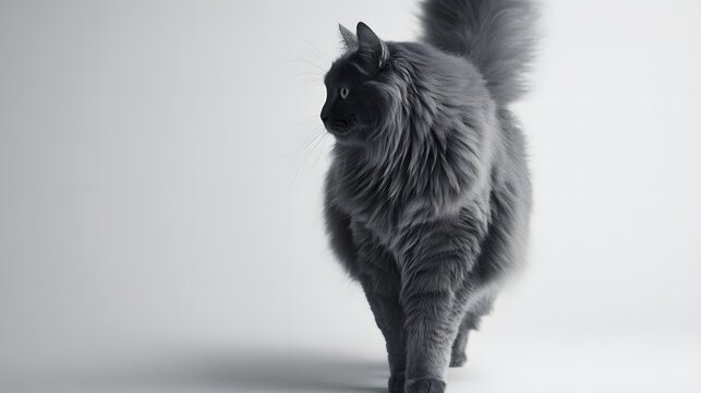 Fluffy gray cat walks with a raised tail against a white background.