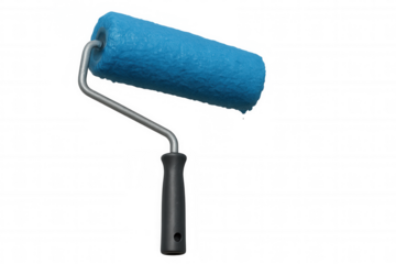 Blue paint roller with wet paint for home renovation, diy projects and interior decorating on transparent background