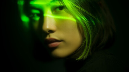 Green neon light illuminates face of young woman with short hair, creating futuristic and mysterious atmosphere with glowing electric lines across her features