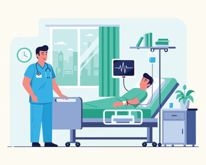 Hospital Room Care: A caring doctor attending to a patient in a hospital room, the scene portraying the essence of care and support, ensuring health recovery.
