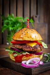 Beef hamburger. Sandwich with beef burger, tomatoes, cheese, pickled cucumber, red onions and ketchup. Cheeseburger
