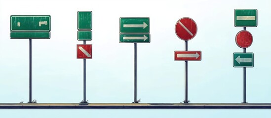 A series of green and red traffic signs with arrows and prohibition markings along a quiet road under a clear sky