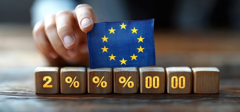 Hand holding a small European Union flag above wooden blocks displaying various yellow percentage symbols and zeros on a wooden surface