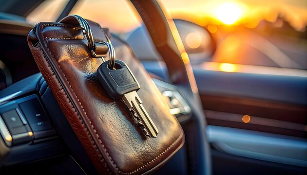 Close-up inside car keys hanging on leather case against a sunset road. Leather, chrome, light, and travel are present