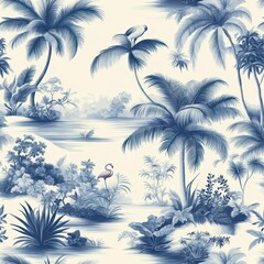 Serene tropical landscape with palm trees, lush vegetation, a calm body of water, and birds perched amidst the foliage in muted blue tones
