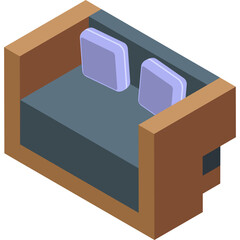 Isometric two-seater sofa with brown frame and light blue cushions in a simple design illustration on a transparent background