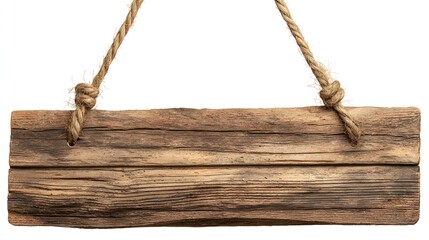 Rustic wooden sign hangs suspended by thick rope.