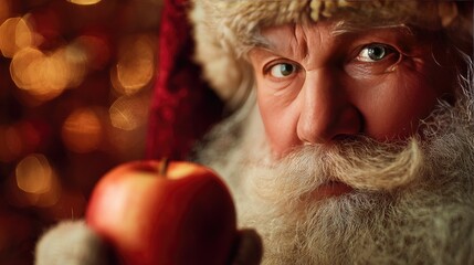 Cinematic lighting Christmas portrait Santa,Photorealistic Santa Claus holding apple