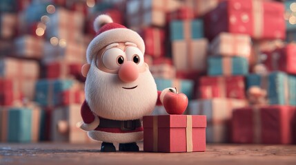 Cinematic lighting Christmas portrait Santa,Photorealistic Santa Claus holding apple