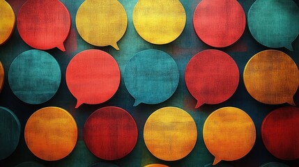 Pattern of colorful speech bubbles in red, yellow, and teal with a textured and grunge effect creating a dynamic and vibrant visual arrangement