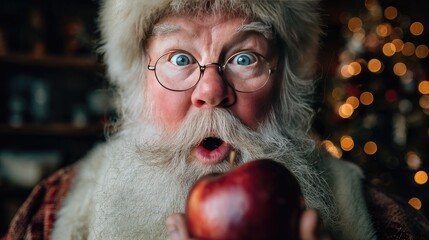 Cinematic lighting Christmas portrait Santa,Photorealistic Santa Claus holding apple