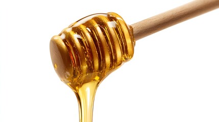 Golden honey drips from a wooden dipper on a white background.