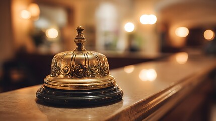 A brass bell sits on a polished counter in a warmly lit lobby.