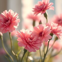 Close-up of several pink carnation flowers in soft focus, bathed in gentle sunlight, with a blurred background.