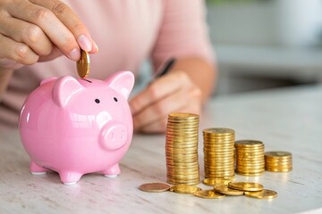 A person’s hand placing golden coins into a piggy bank, symbolizing savings, financial growth, and investment