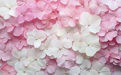 Delicate cluster of pink and white hydrangea flowers creating a soft and gentle floral pattern conveying calm and beauty