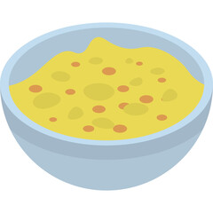 Isometric style yellow soup with small orange chunks in a light blue bowl on a transparent background