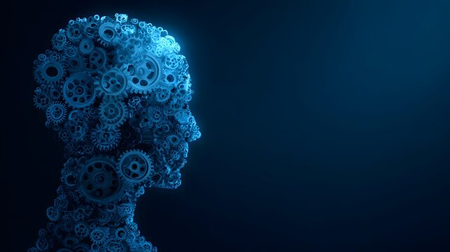Intricate gears form a blue human head silhouette against a dark background.