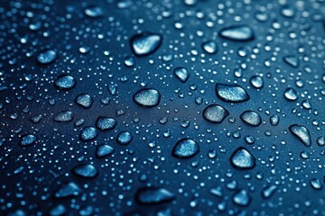 Close-up of water droplets scattered on a smooth dark blue surface with reflective highlights and varying sizes