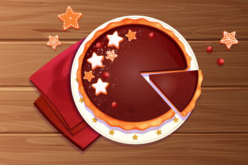 Christmas pie chocolate with slice decorated with gingerbread srats and cranberry top view on holiday plate on wooden table in cartoon style.