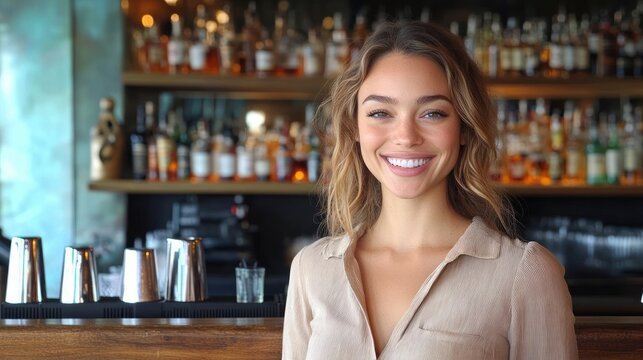 young woman smiling warmly standing in front of a bar with bottles and mixing tools behind her