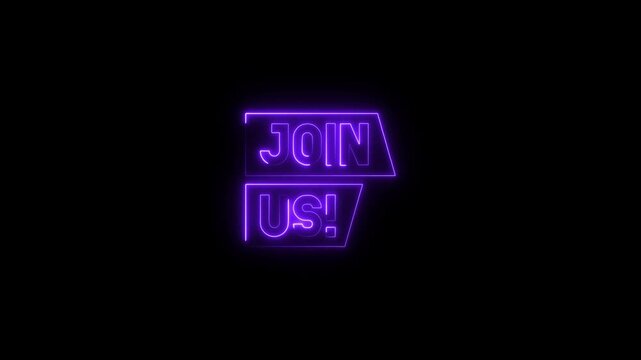 Glowing Neon Purple " J O I N U S" Text Animation with Reflection on Black Background 4k animation video