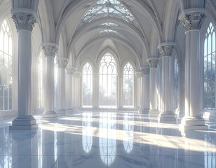 Fototapeta premium Grand white hall with high arching gothic windows, columns, and glossy floor reflecting light