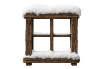 Rustic wooden window frame with snow on transparent background