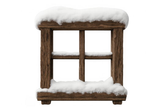 Rustic wooden window frame with snow on transparent background
