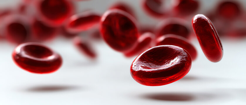 Close-up image of red blood cells floating against a light background, highlighting their smooth, disc-shaped structure and rich red color - Powered by Adobe