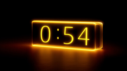 A glowing neon digital timer displaying 0:54 on a black background with a modern, futuristic design and warm yellow light reflections