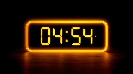 A glowing digital clock displaying the time 04:54 in bright yellow-orange on a dark background, creating a modern and futuristic atmosphere